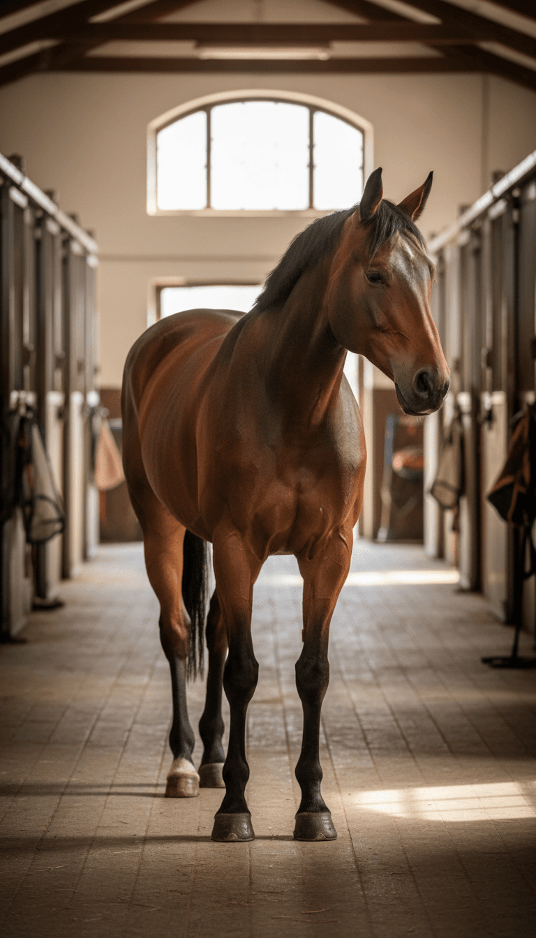 Horse standing with relaxed posture and even muscle tone after cryotherapy