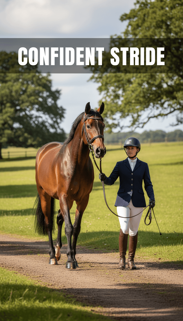 Horse walking confidently on lead rope after recovery treatment