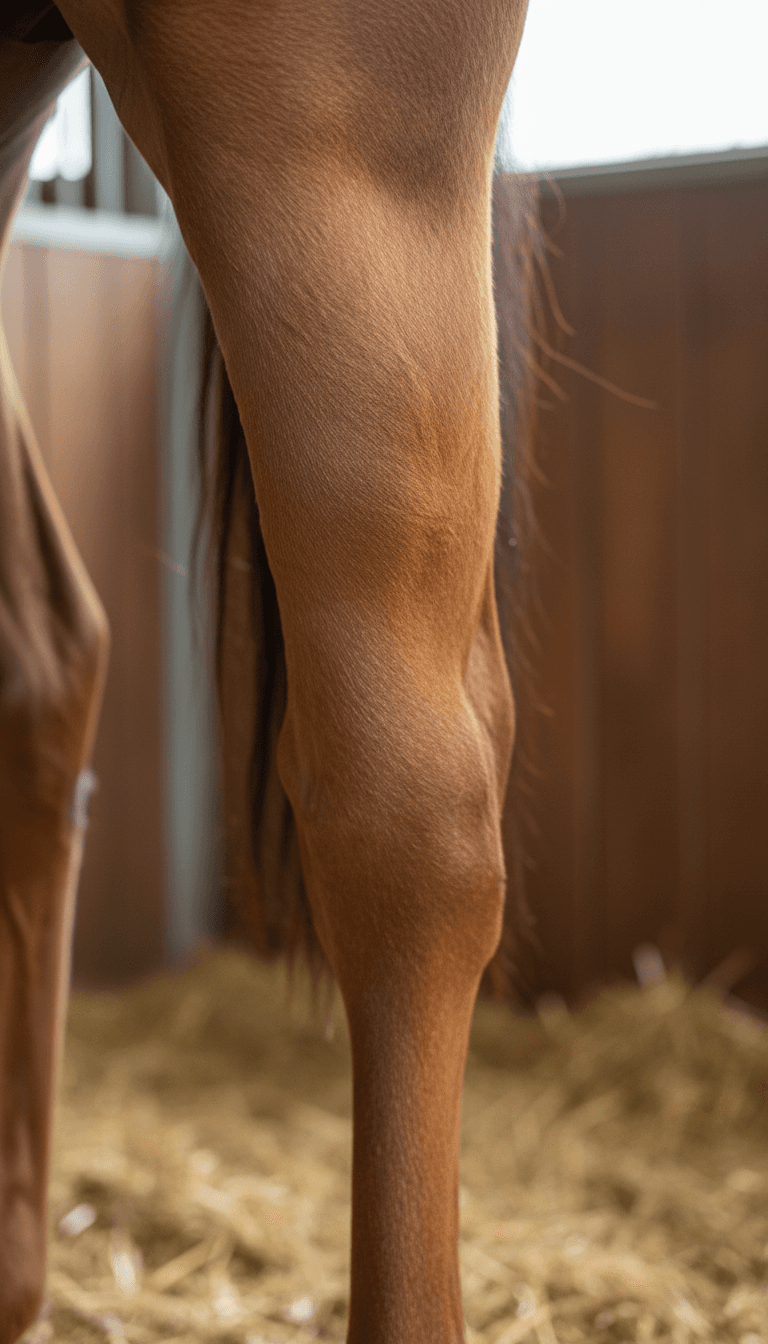 Close-up of horse hind leg with reduced swelling after cryotherapy