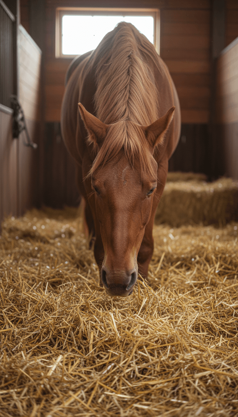 Relaxed horse standing in stall after cryotherapy session