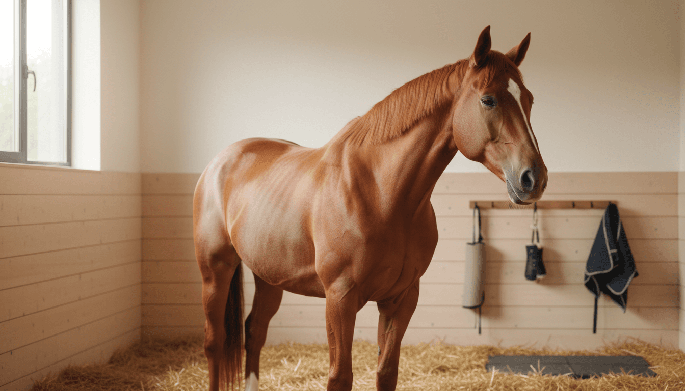 Horse standing calmly in a recovery stall after cryotherapy treatment
