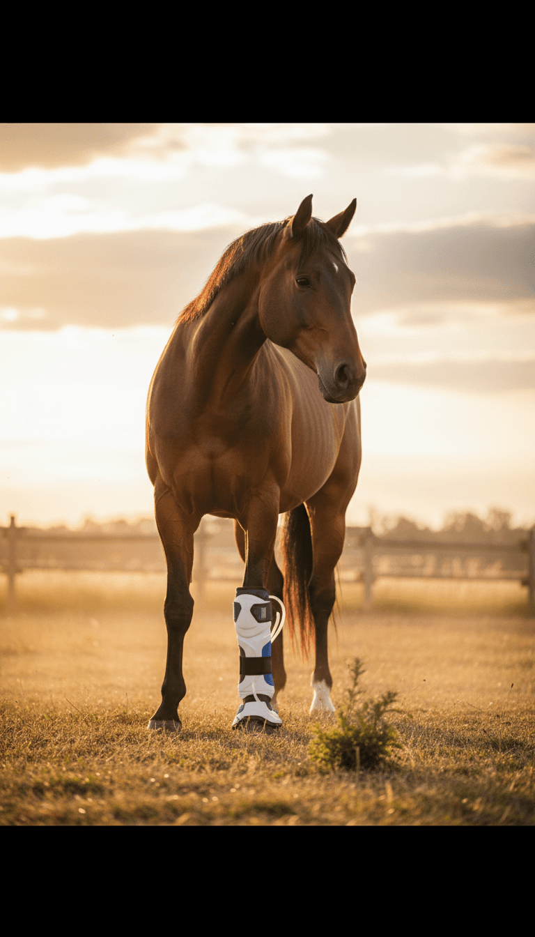Horse wearing cryotherapy boot in sunlit paddock