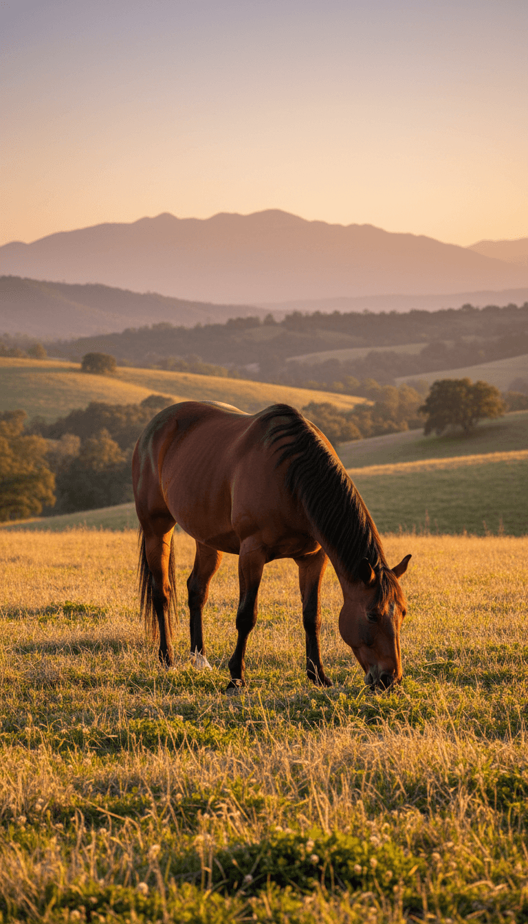 Horse grazing in California pasture showing full body condition