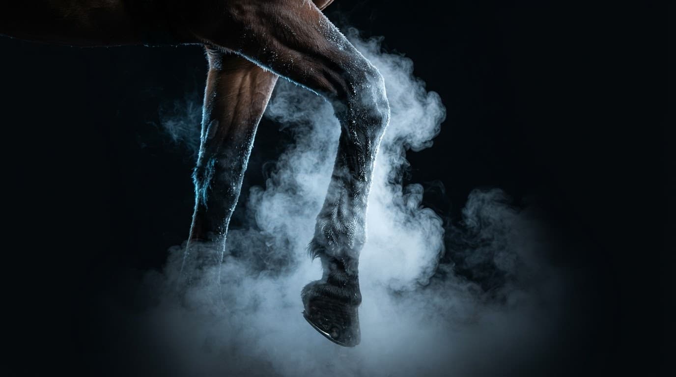 Frost-covered horse legs and hooves emerging from thick white smoke against a black background.